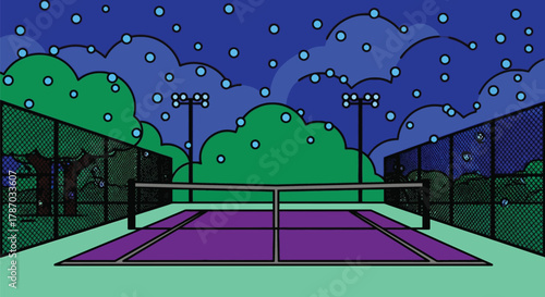 Illustration of a tennis court at night with snow falling down