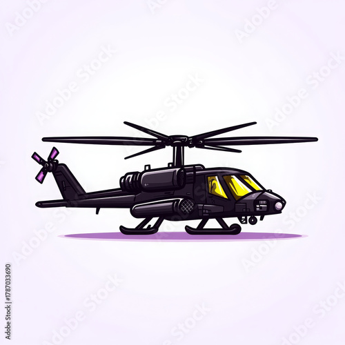 Cartoon attack helicopter, black military aircraft, dual rotor, yellow cockpit, isolated white