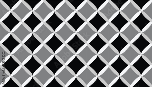 A seamless geometric pattern featuring interlocking diamond shapes in shades of black, gray, and white. The dynamic composition and vibrant color palette create a modern yet retro feel