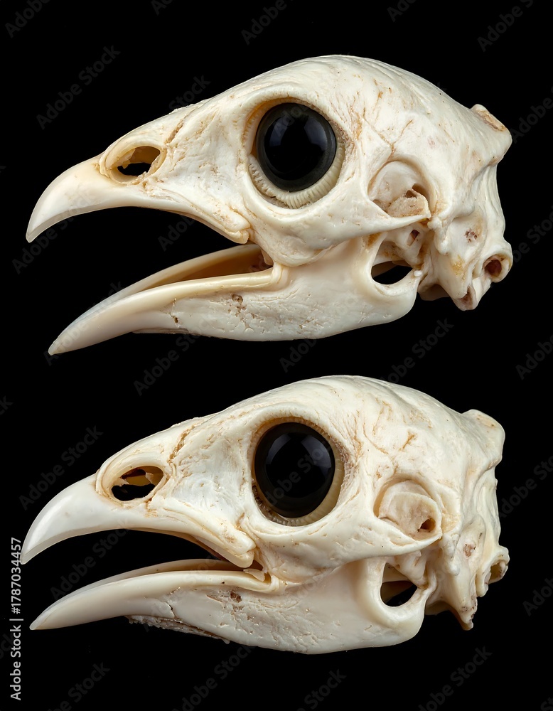 Naklejka premium Two bird skull side profiles sit against a stark black background