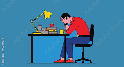 Stressed student studying hard feeling headache burnout illustration
