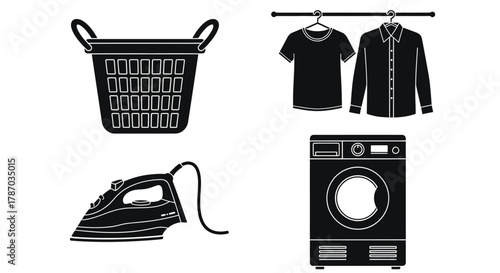 Laundry symbols vector icons set washing machine iron and clothes