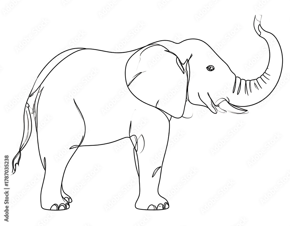Obraz premium Line drawing of an elephant with trunk raised, against white