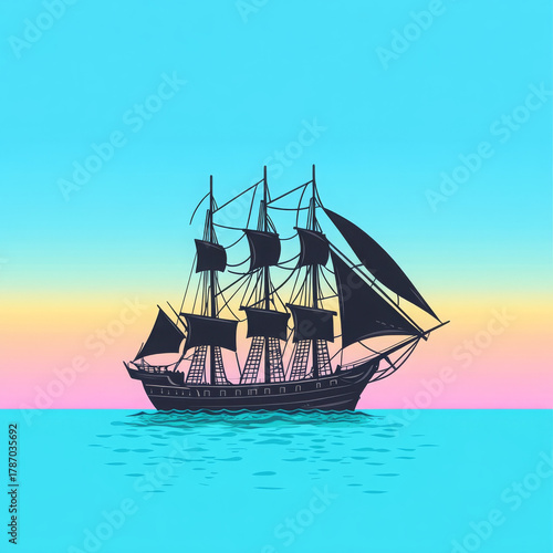 Old sailing ship silhouette on calm sea with colorful sunset sky, peaceful and nostalgic mood