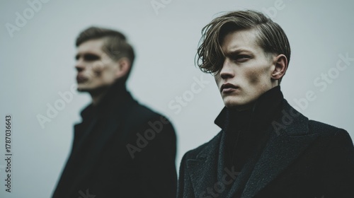 Two Caucasian men full-body fashion editorial in dark tailored coats against a minimalist light background highlighting posture, silhouette, texture, and modern composition