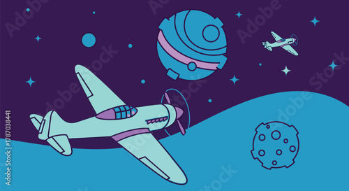 Cartoon airplane flying in space with planets and stars vector art