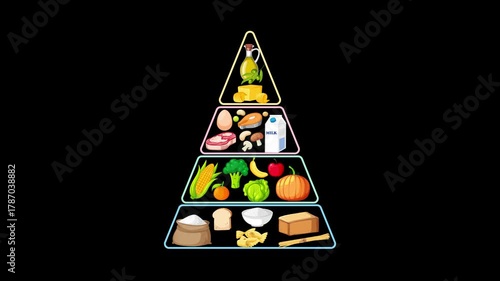 Food Group Pyramid Animation on Black Background with Gradual Build