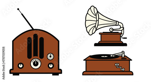 Vintage radio and phonograph vector illustration antique design