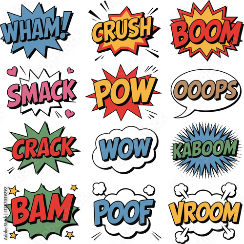 Comic sound effect words WHAM CRUSH BOOM SMACK POW OOOPS CRACK WOW KABOOM BAM POOF VROOM colorful pop art retro style explosion