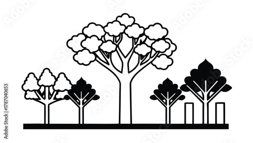 Black and white graphic trees with varied foliage and solid trunks Keywords: tree, trees, graphic, illustration, black and white, nature, foliage