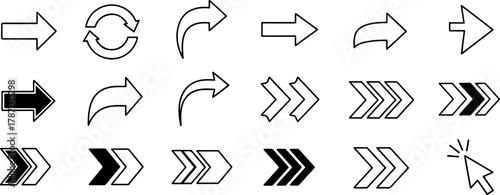 Outline Arrow and Cursor Icon Set: Diverse Vector Collection of Next, Curved, Reload, Chevron, and Mouse Pointer Symbols