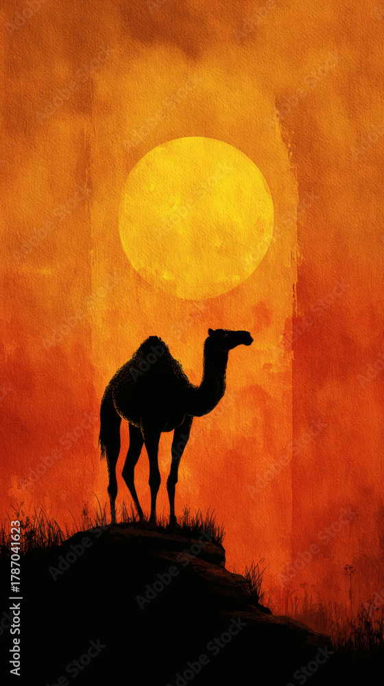 Fototapeta premium Camel Figure Silhouette on Bright orange sunset