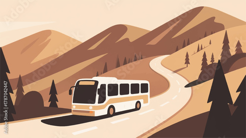 Bus Down Mountain Road Illustrator Artwork Banner Background Design Template 