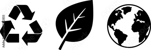 Environmental Icons Black Silhouette Set of Recycle Symbol, Leaf, and Globe Representing Ecology and Sustainability