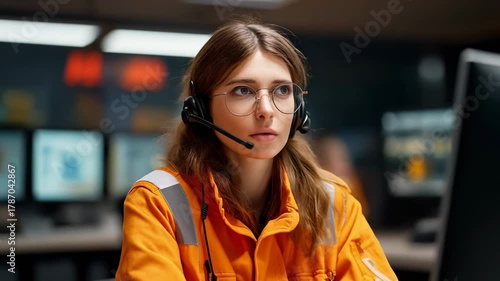 Focused young woman in headset working in a control room, showcasing professionalism and dedication