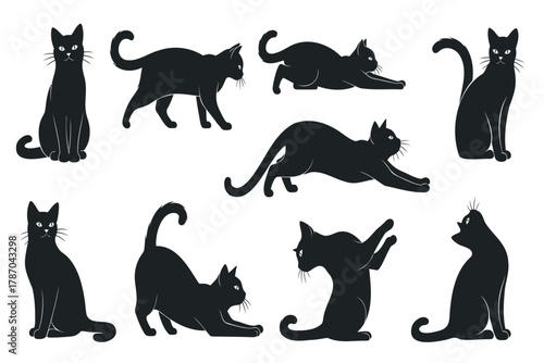Elegant black cats in various playful and graceful poses, perfect for modern design and decor projects.