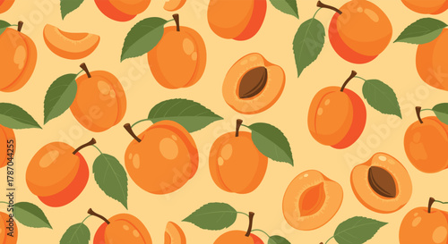 Delicious and ripe apricots in a cheerful seamless pattern, showcasing whole, halved, and sliced fruit with green leaves on a warm background.