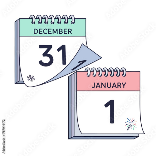 Illustration of two calendars showing December 31st turning to January 1st, symbolizing New Year's Eve and New Year's Day.