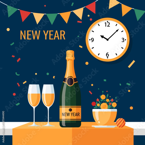 A festive illustration of a New Year's Eve celebration with champagne, flutes, a clock nearing midnight, and colorful decorations.