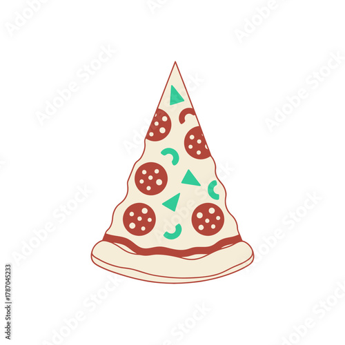 Slice of pizza with pepperoni and green triangles sits on white surface, simple and cute, perfect for food related projects.