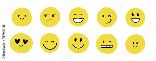 Face smile emoji doodle icon sticker set. Cute kid doodle hand drawn style funny face emoji smile, happy, sad mood sticker. Funny cartoon emoticon hand drawn character. Vector illustration