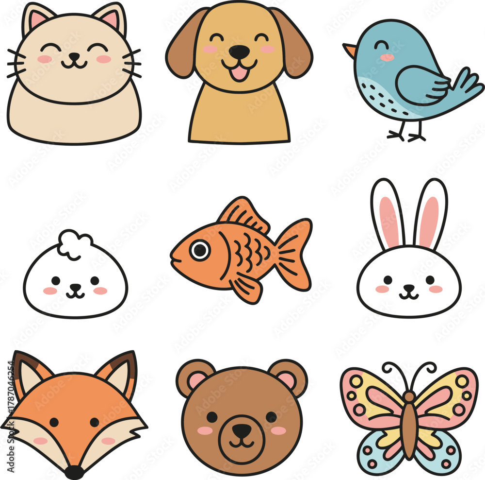 Fototapeta premium Cute Cartoon Animal Collection Cat, Dog, Bird, Fish, Bunny, Fox, Bear, Butterfly