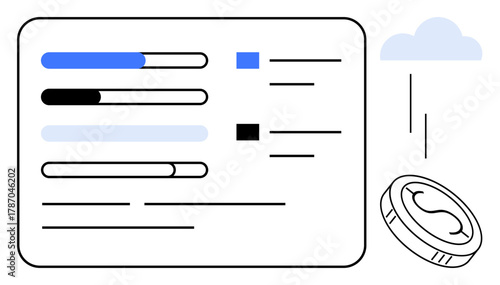 Progress bars, text grids, coin, and cloud representing tasks, finance, and resource tracking. Ideal for management, analytics finance tech productivity workflow and budget. Simple flat metaphor