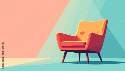 Retro armchair in a room with pastel colors, minimalist design.