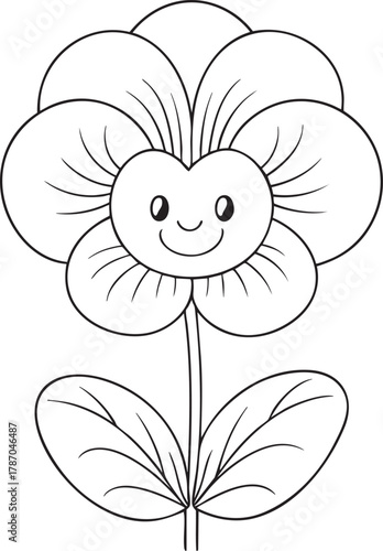 Cartoon pansy flower with smiling face outline, kids coloring page design for educational art activities
