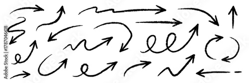 Arrow crayon pastel pencil chalk color line stroke. Sketch chalk pastel color pencil texture line kid fun arrow icon. Hand drawn grunge crayon pencil brush direction elements. Vector illustration