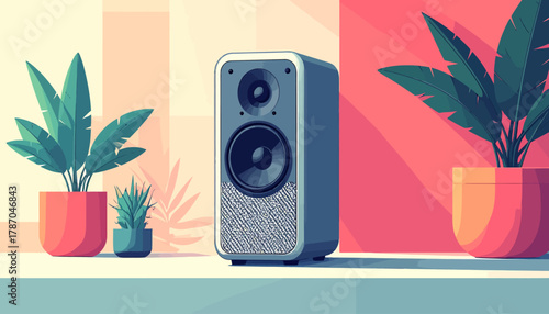 Speaker with plants in a room with a modern design aesthetic.