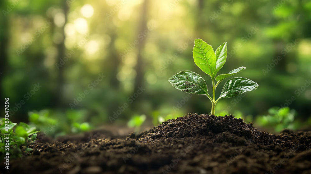 Fototapeta premium Fresh green shoots emerging from soil bathed in soft light symbolizing growth renewal and new beginnings nature concept sustainable life and rejuvenation for inspirational visual