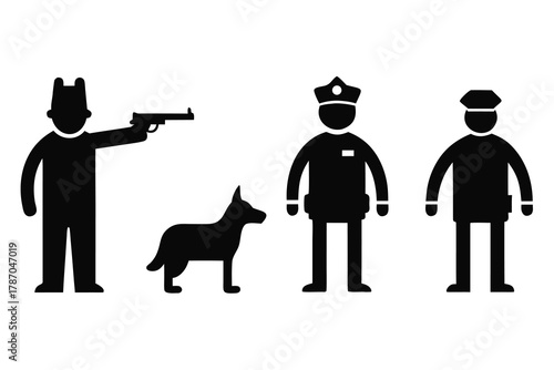 Silhouetted robber points a gun, watched by his police dog and two cops on transparent backdrop