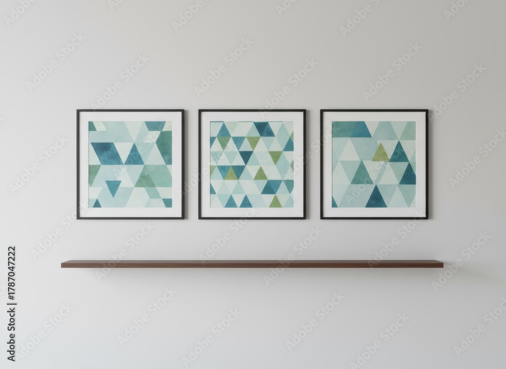Fototapeta premium Triple Square Frame Mockup Set: Horizontal Row on Minimalist Gray Wall. Gallery Display & Clean Frontal Lighting