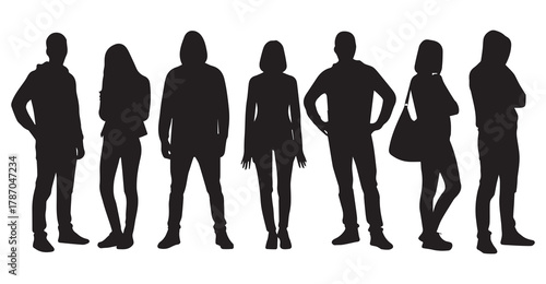 Set of vector silhouettes of men and a women, a group of standing business people, black color isolated on white background