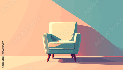 Minimalist armchair in a room with pastel colors and geometric shadows.