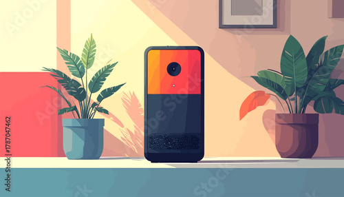 A modern illustration of a smart speaker with plants on a shelf.
