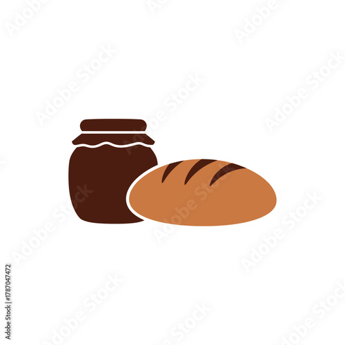 Jar of jam sitting next to a loaf of bread on a white surface, depicting a simple breakfast or snack, in a minimalist style.