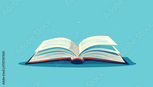 Illustration of an open book with pages turning, set against a light blue background.
