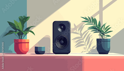 A speaker sits between two potted plants on a shelf in a brightly lit room.