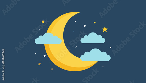 Illustration of a crescent moon with clouds and stars on a dark blue background.