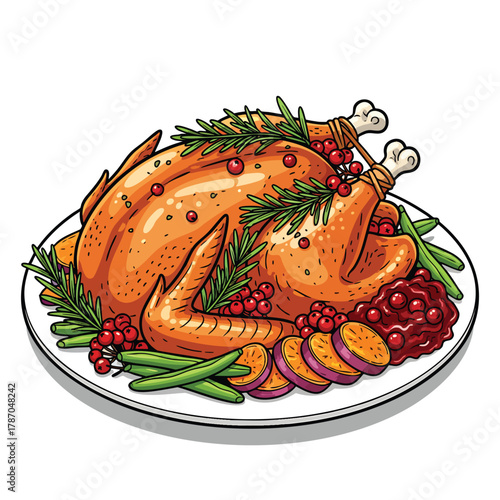 A beautifully illustrated roasted turkey dinner platter with cranberries and rosemary.
