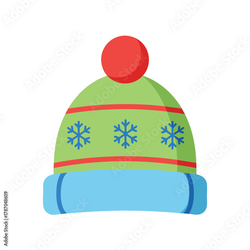 A colorful cartoon winter beanie with a red pompom and blue snowflake pattern.