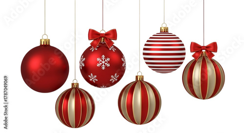 A festive collection of six red and white striped and solid colored christmas ornaments hanging against a dark background