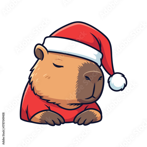 Adorable cartoon capybara with closed eyes wearing a festive red Santa hat and matching shirt.