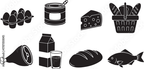 Various essential grocery items food and shopping basket icons