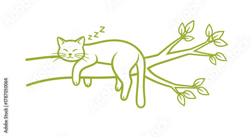 Relaxing adorable cat peacefully sleeping on a tree branch outside