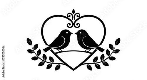 Two elegant birds in love heart frame perfect for wedding invitations