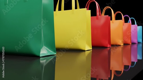 Colorful Shopping Bags Arrayed On Black Reflective Surface