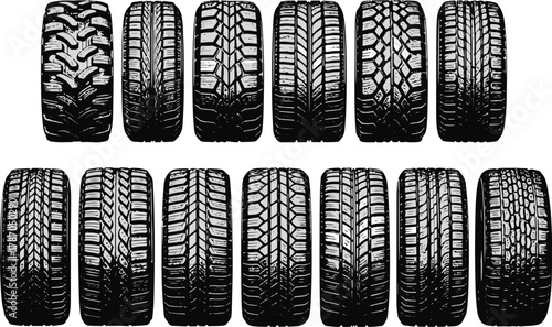 large collection of monochrome tire tread patterns set, featuring different designs for mud, snow, all-season, and performance vehicle use